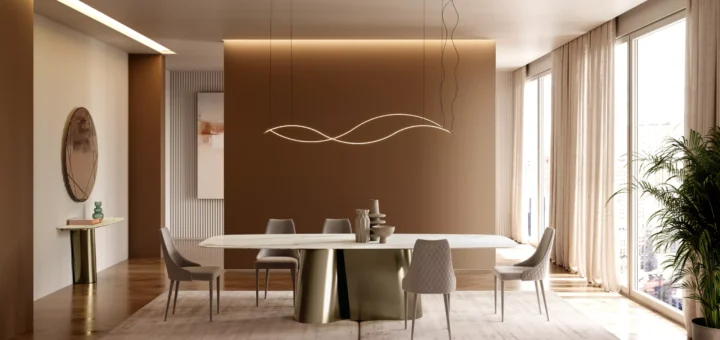 Tavolo Bontempi Kimono con sedie su un grande tappeto chiaro in sala da pranzo