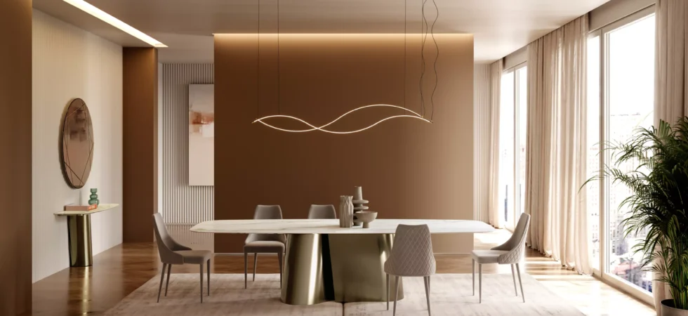 Tavolo Bontempi Kimono con sedie su un grande tappeto chiaro in sala da pranzo