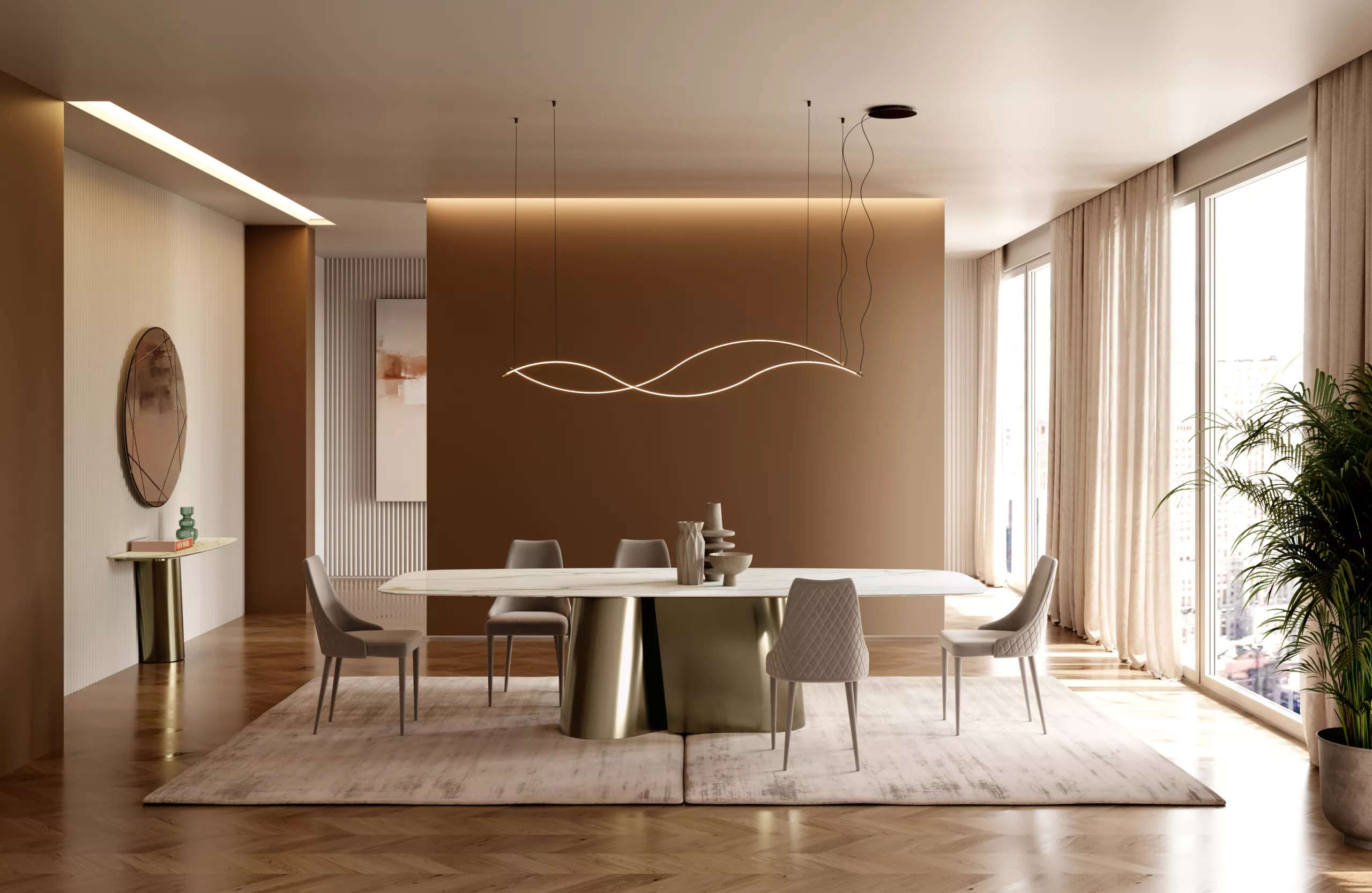 Tavolo Bontempi Kimono con sedie su un grande tappeto chiaro in sala da pranzo
