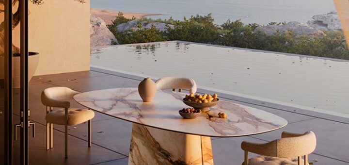 tavolo da giardino in ceramica su una terrazza con vista